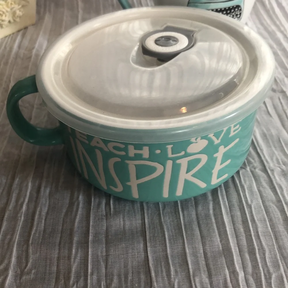 TEACHER 2 PACK soup leftovers microwave bowl with lid & ceramic coffee mug